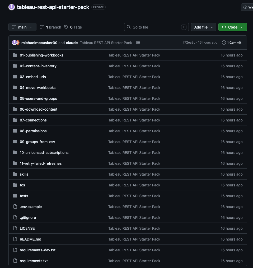 The starter pack on GitHub: numbered entry folders, the toolkit, skills and tests