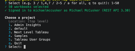Terminal: 50 workbooks selected, signed in, and the project picker ready